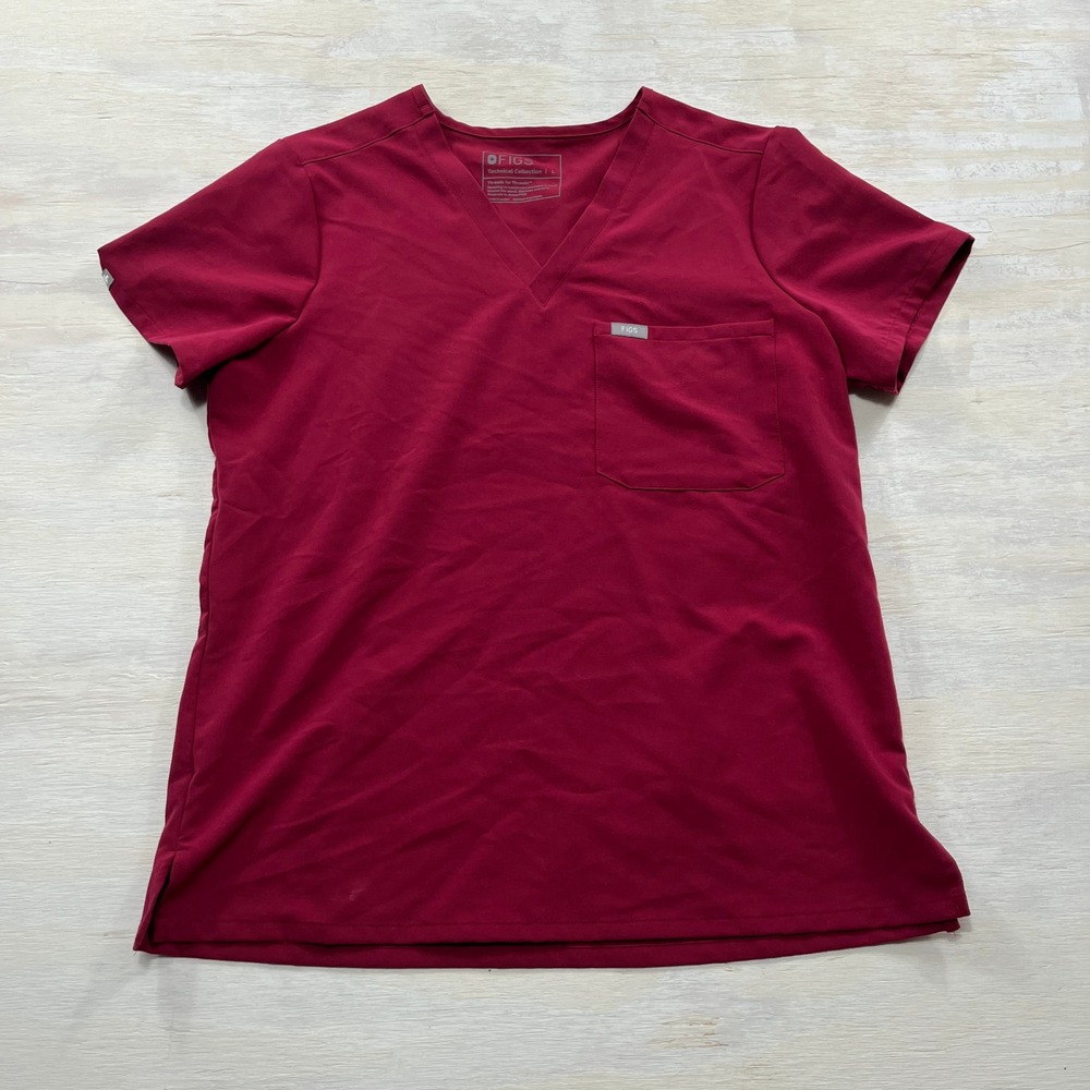 FIGS Scrub Top Catarina One-Pocket V-Neck Large Burgundy Maroon Womens